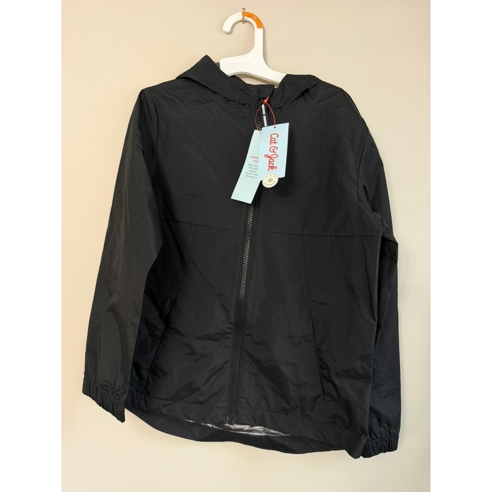 Cat & Jack Windbreaker Kids Small 6/7 Black Hooded Water Resistant NWT